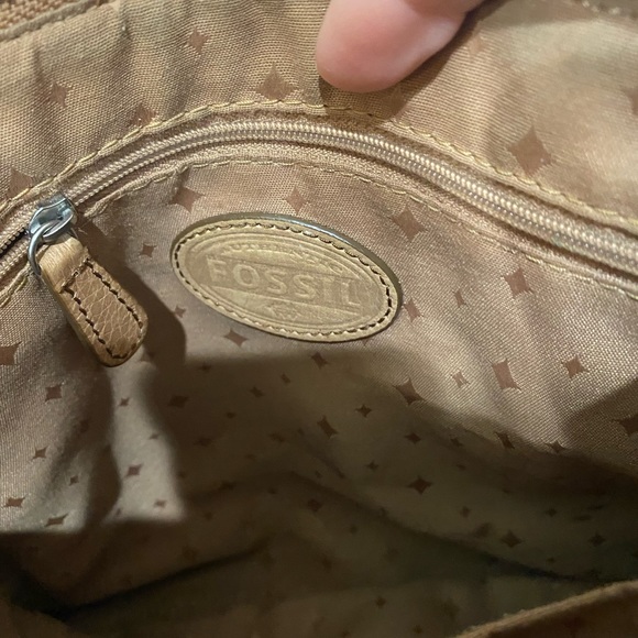 VTG Fossil Crossbody Bag Purse Natural Leather Textile Cowhide Blue 10”X 10.5” - Picture 13 of 14